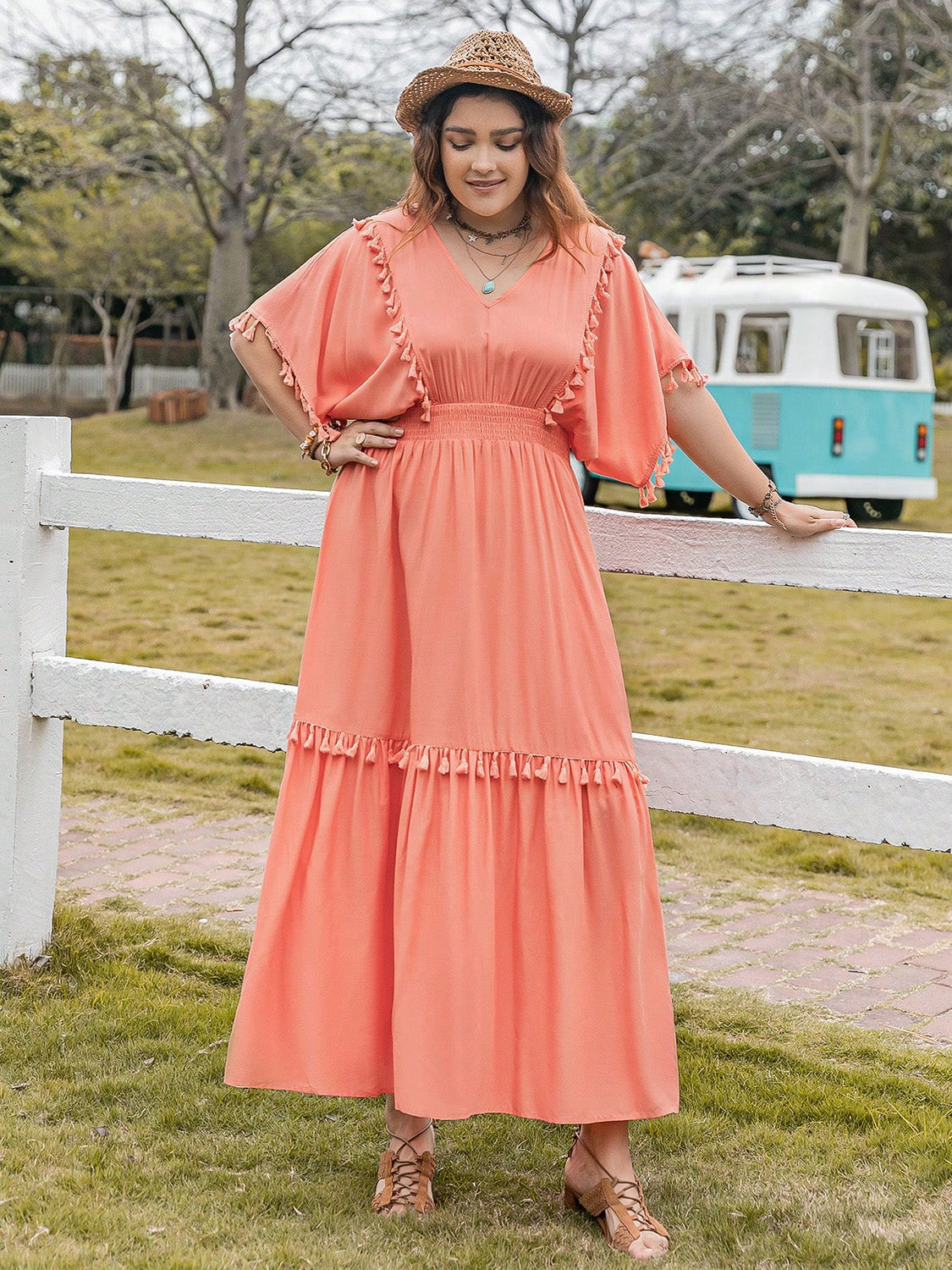 Plus Size Tassel Trim V-Neck Short Sleeve Ruffle Hem Dress