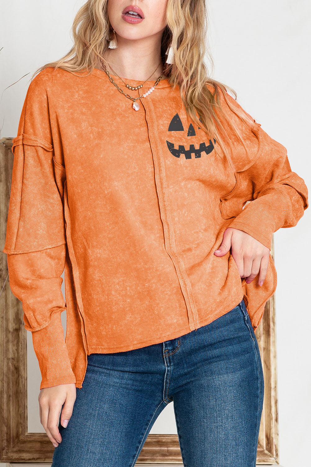 Round Neck Long Sleeve Jack-O'-Lantern Graphic Blouse