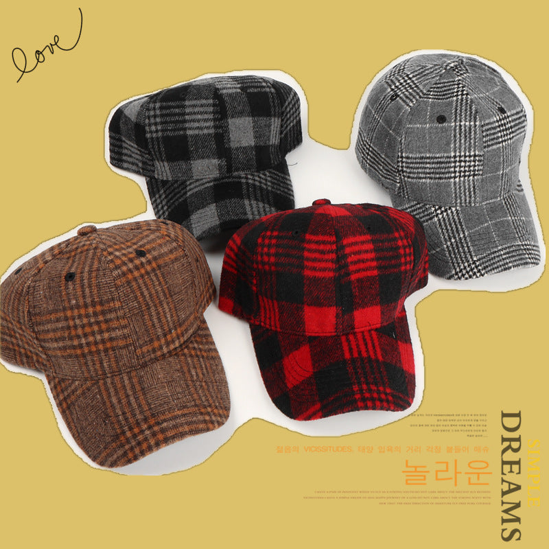 Baseball Cap Female Plaid Woolen Hard Top Peak Cap