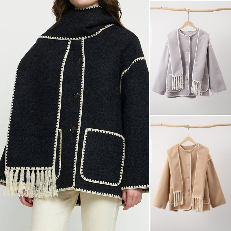 Women's Fashion Woolen Coat Thick Loose Women With Scarf Tassel