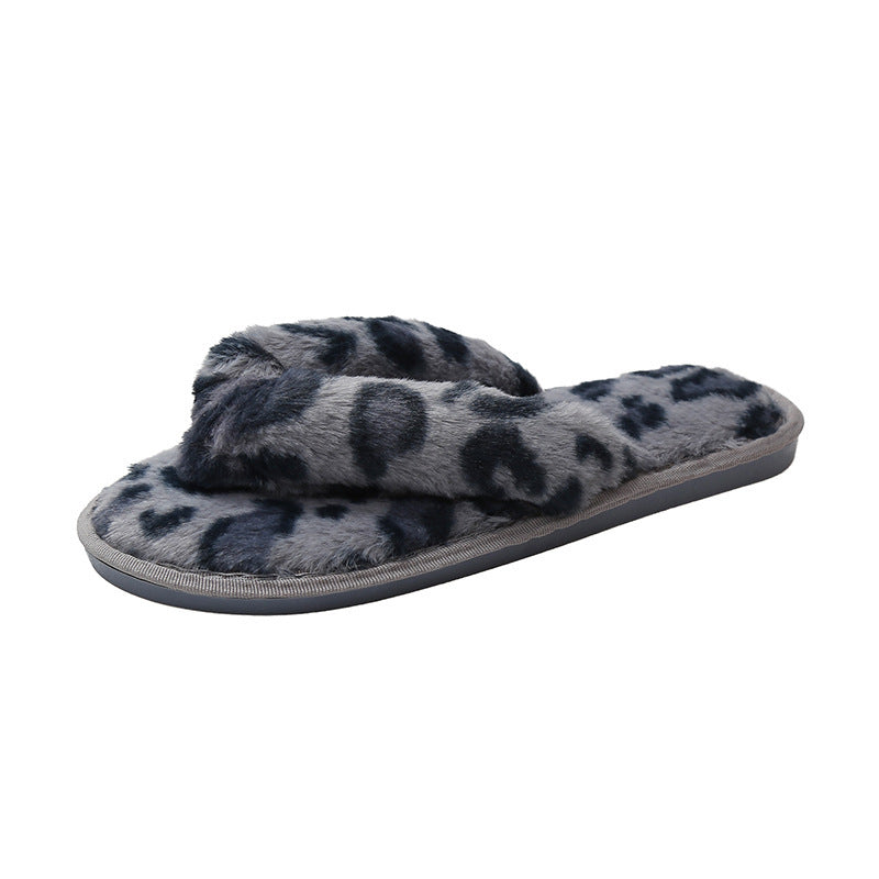 New Leopard Cross Fluffy Slippers Women's Home Indoor Fashion Plush Cotton Slippers Flip-flops Women