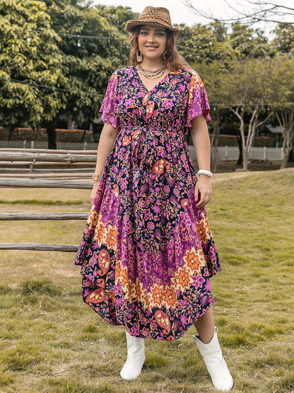 Plus Size Printed V-Neck Flutter Sleeve Midi Dress