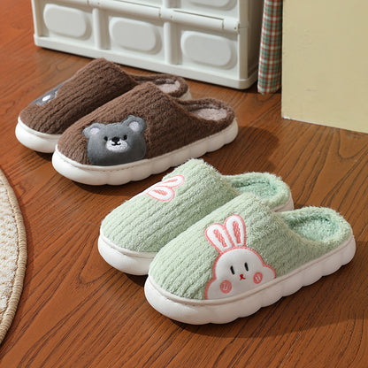 Cute Rabbit Striped Slippers For Women Thick-soled Indoor Couples Warm Winter Non-slip Home Slipper Plush Cotton Shoes