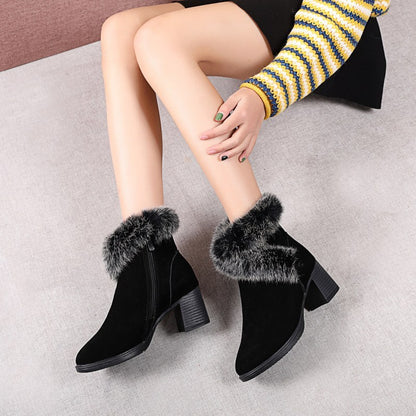 Rabbit Fur Snow Boots Women Cotton Shoes Mid Heel Plus Velvet Thick Warm