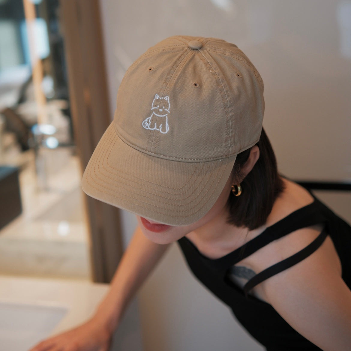 Cotton Soft Top Baseball Cap Peaked Cap White Dog Embroidery