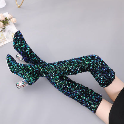 Fashion Sexy Sequin Round Head Hit Color Thick High Heel Over The Knee Large Size Elastic Boots Women