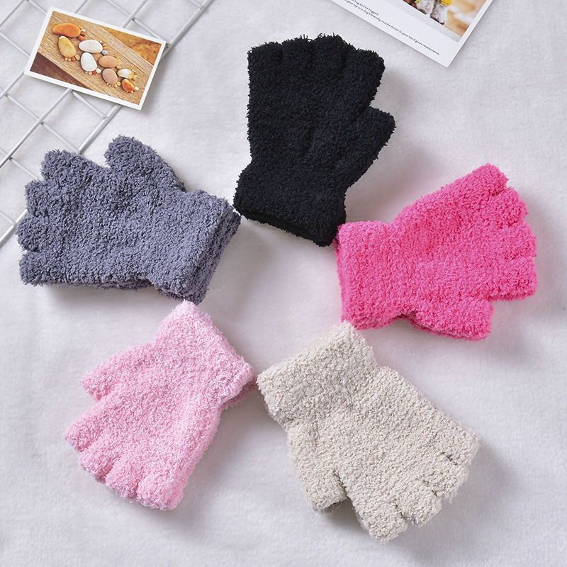 Children's Thermal Gloves Half Finger Velvet Cold Protection Gloves Fashion Student Writing Gloves