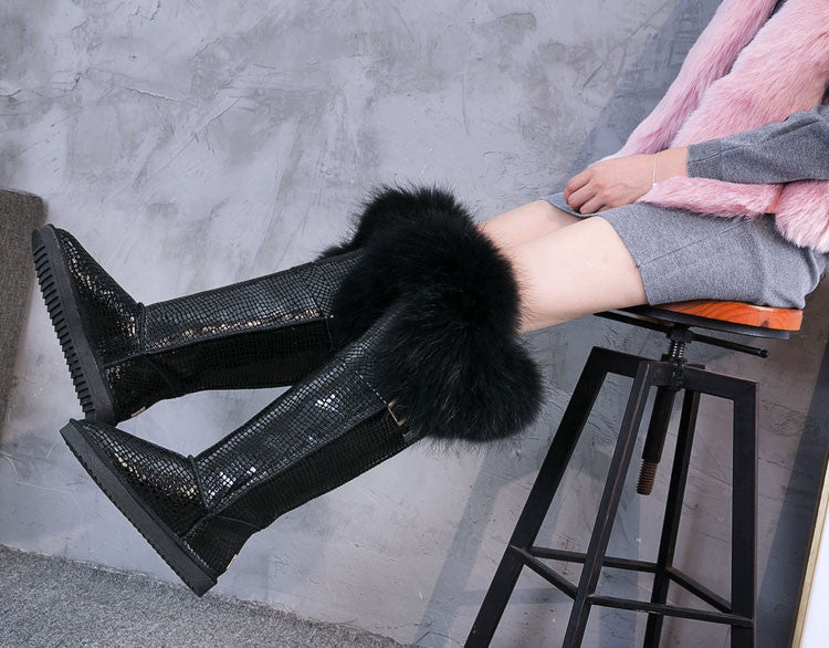 Leather Hair Knee High Boots For Women