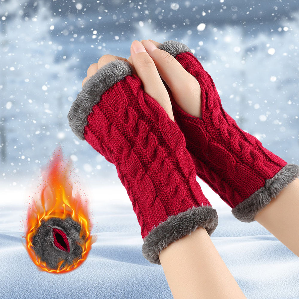 Winter Plush Gloves Twist Knitted Fingerless Fleece Gloves Women Warm Thickened Woolen Gloves