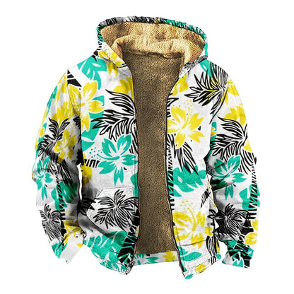 Retro Coconut Tree Element 3D Digital Printing Casual Loose-fitting Hoodie Zipped Cotton-padded Jacket Coat