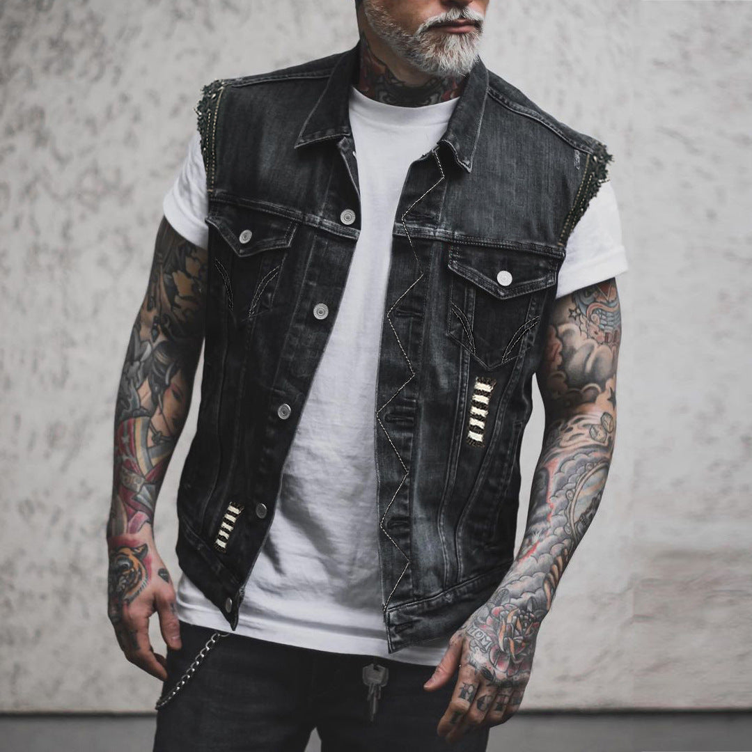 Casual Men's Clothing Denim Jacket Sleeveless Turn-down Collar Coat