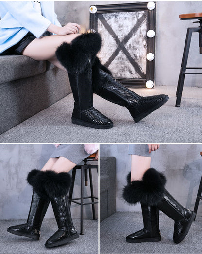 Leather Hair Knee High Boots For Women