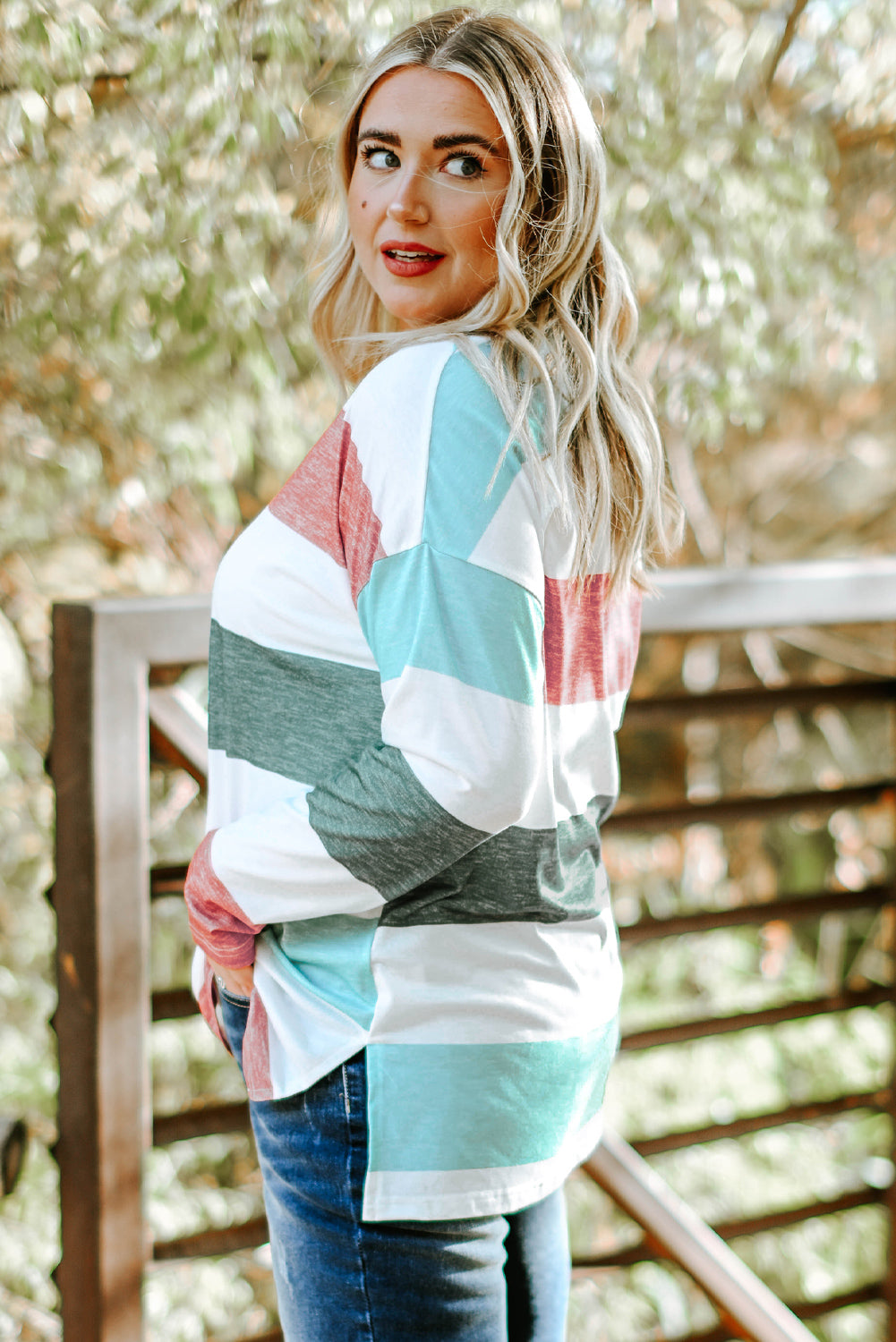 Plus Size Striped Slit Long Sleeve T-Shirt