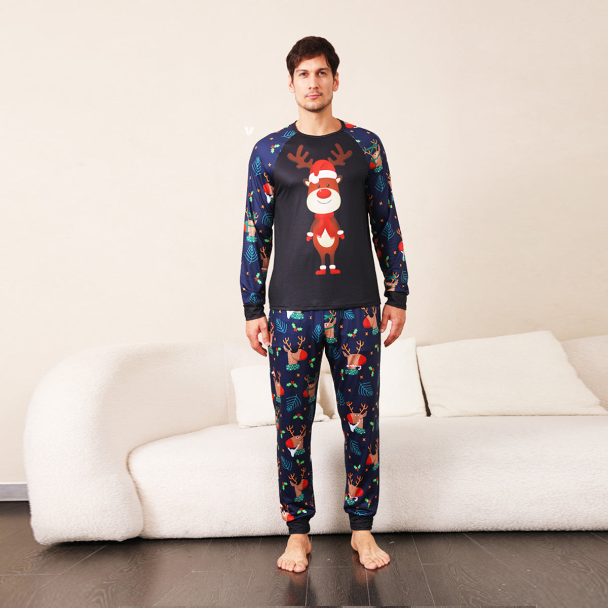 Reindeer Graphic Top and Printed Pants Set