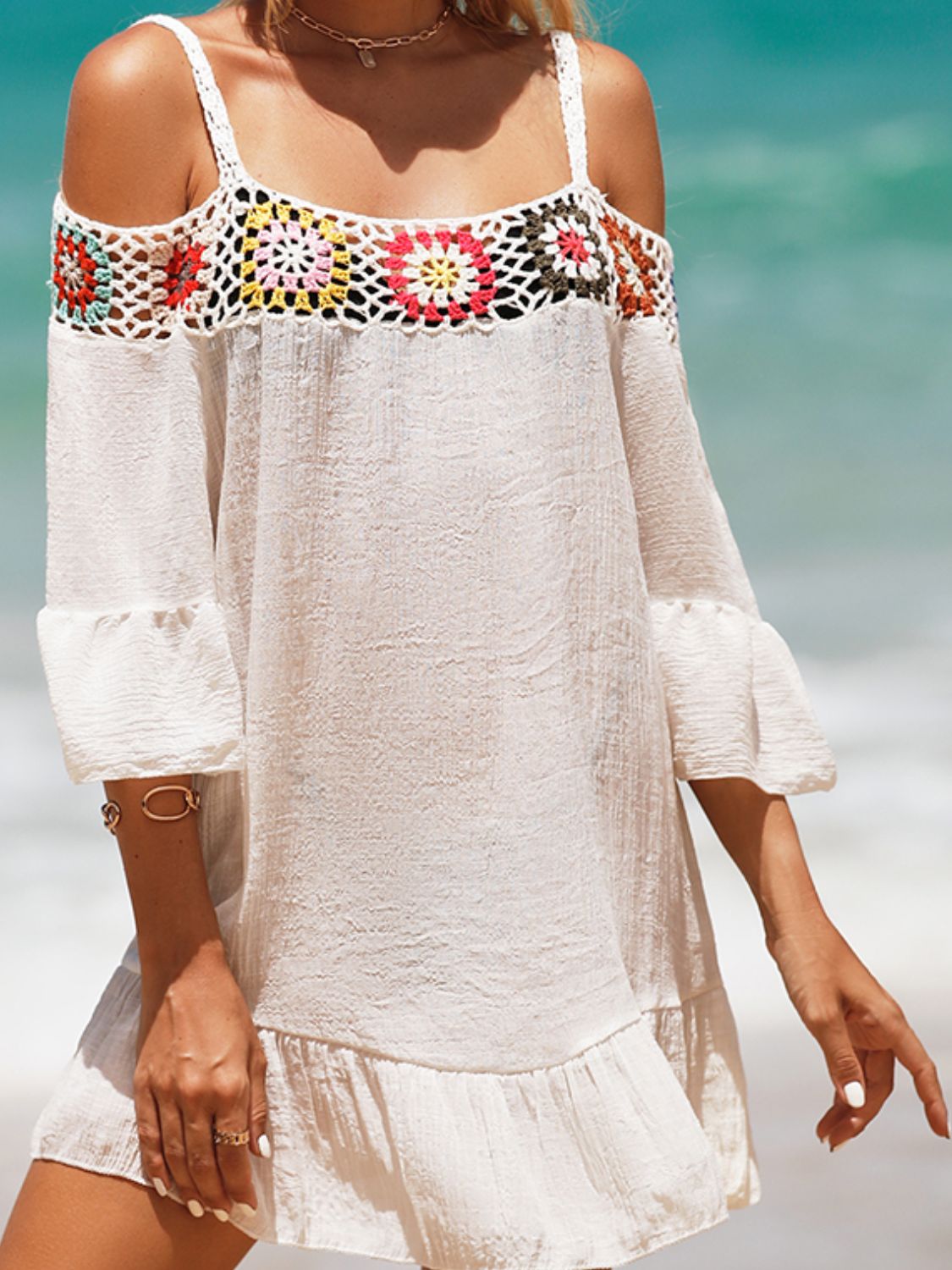 Crochet Cold Shoulder Three-Quarter Sleeve Cover Up