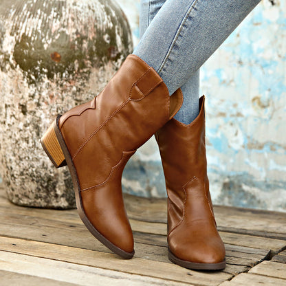 PU Leather Block Heel Boots