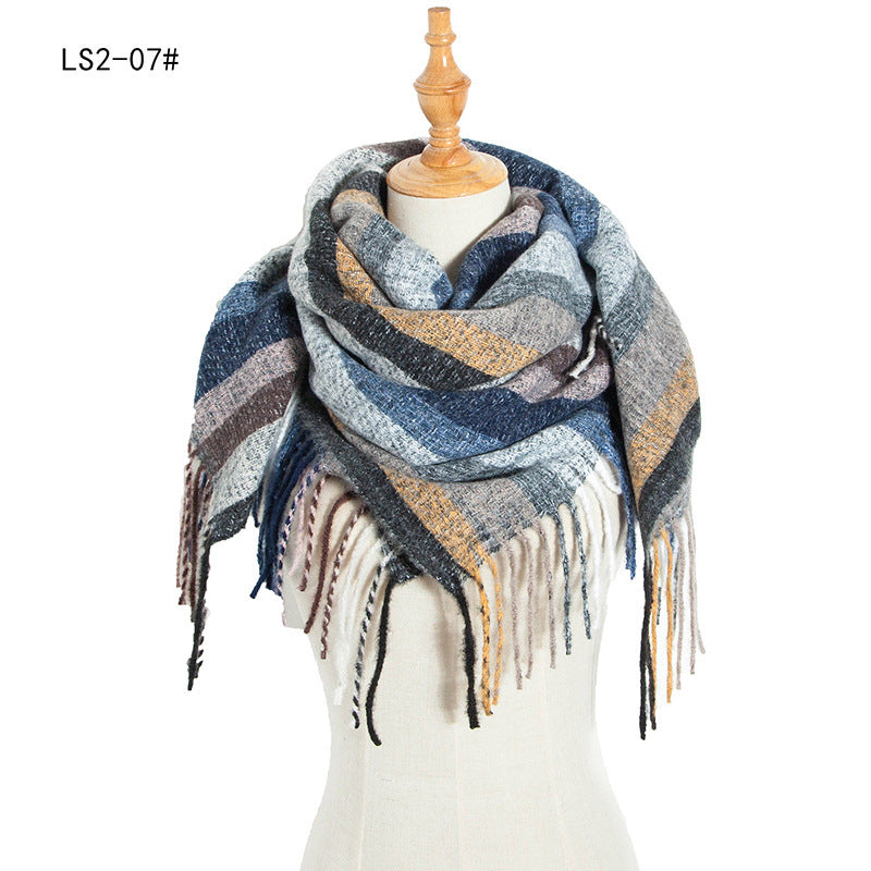 Yarn Stripe Grid Polyester Long Fringed Bristles Square Scarf Women Men's Bib Shawl