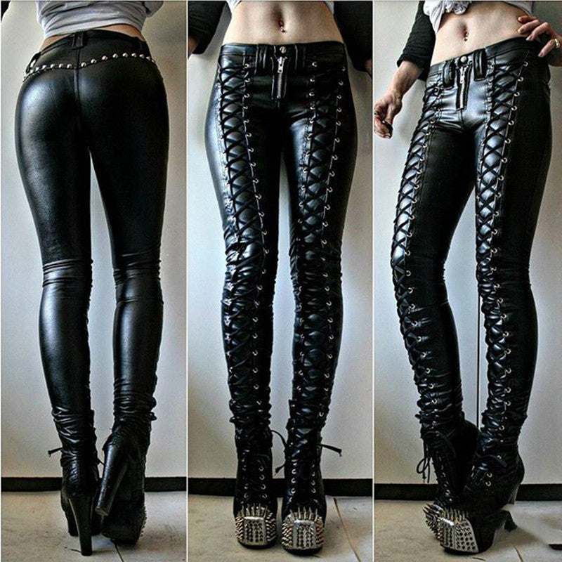 Solid Color Casual Women's Lace-up PU Leather Pants