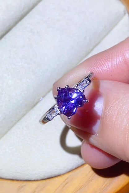 1 Carat Moissanite Heart-Shaped Platinum-Plated Ring in Purple