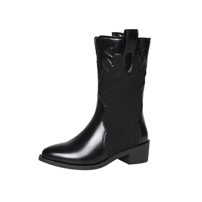 Black White Cowboy Boots Women Low Heel Mid Calf Shoes