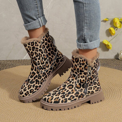 Plus Size Leopard Print Ankle Boots Women Round Toe Woolen Cotton Comfortable Flat