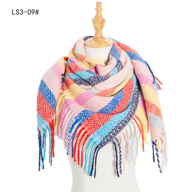 Yarn Stripe Grid Polyester Long Fringed Bristles Square Scarf Women Men's Bib Shawl