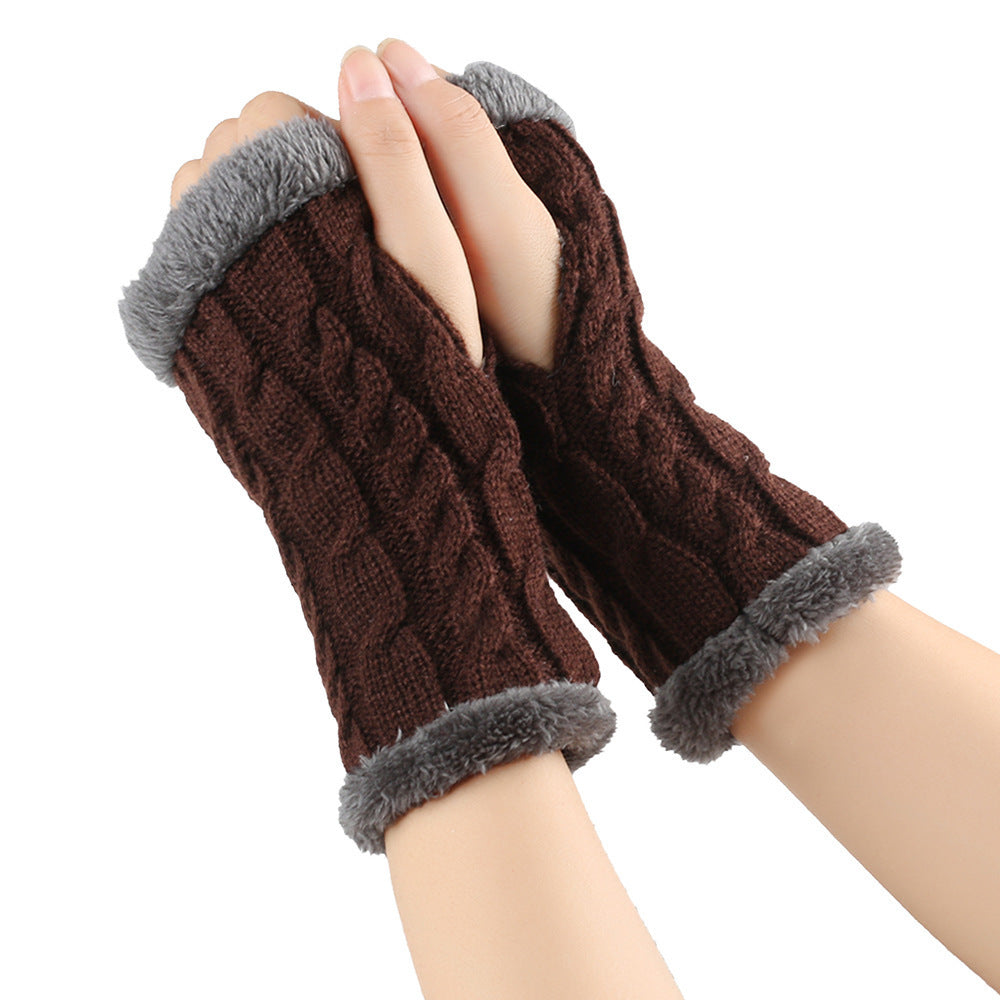 Winter Plush Gloves Twist Knitted Fingerless Fleece Gloves Women Warm Thickened Woolen Gloves