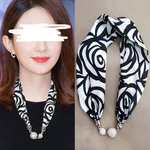 Magnetic Buckle Silk Women Scarf Pearl Necklace