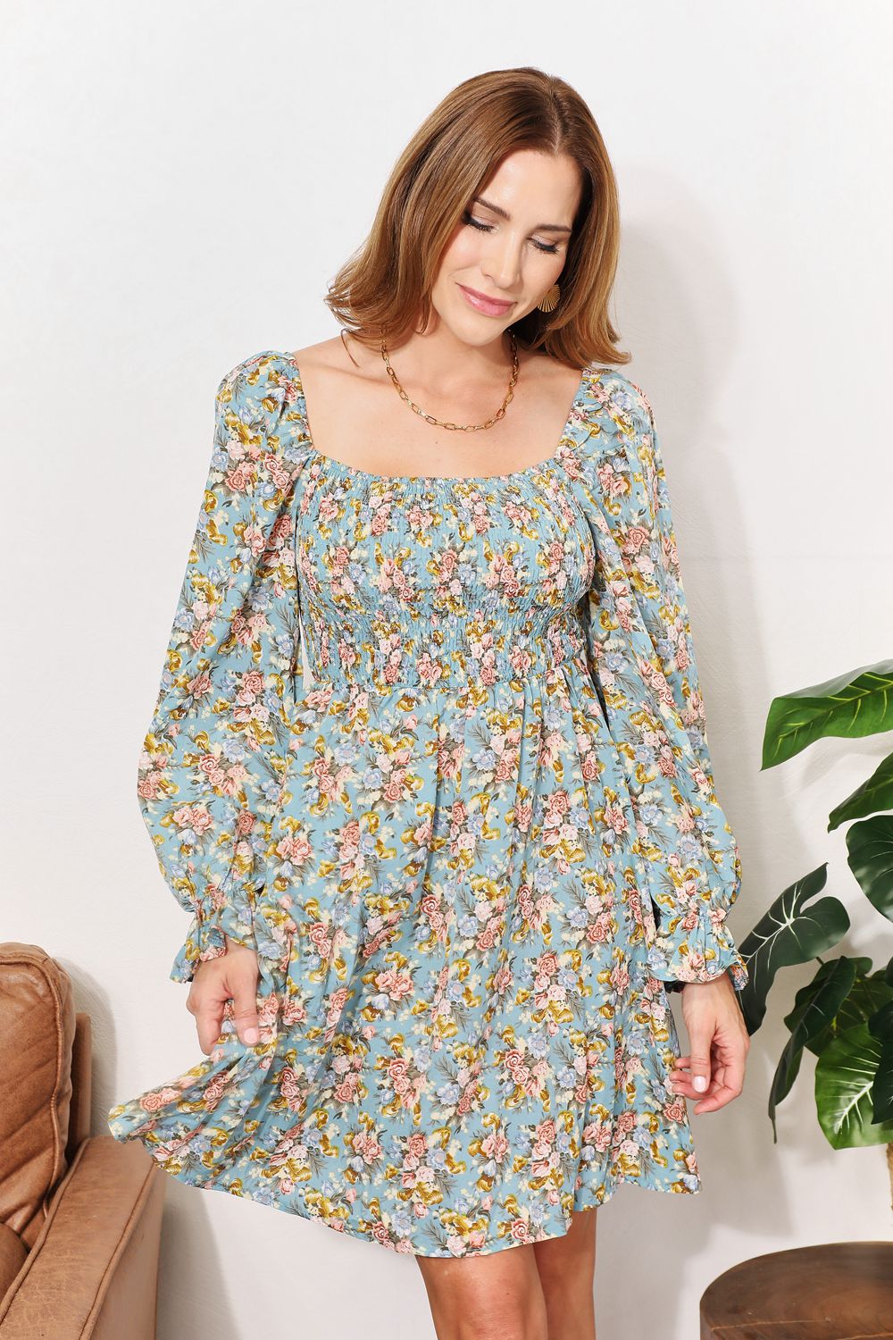 Floral Smocked Flounce Sleeve Square Neck Dress