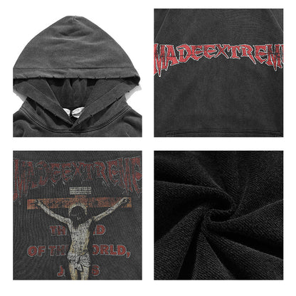 Washed Distressed Sweater Men And Women National Trend Hip-hop Front And Back Printed Hoodies