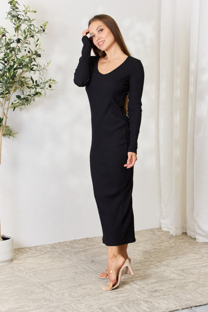 Culture Code Full Size Ribbed Long Sleeve Midi Slit Dress