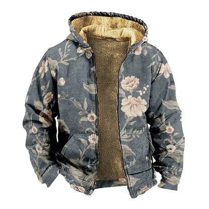 Retro Coconut Tree Element 3D Digital Printing Casual Loose-fitting Hoodie Zipped Cotton-padded Jacket Coat