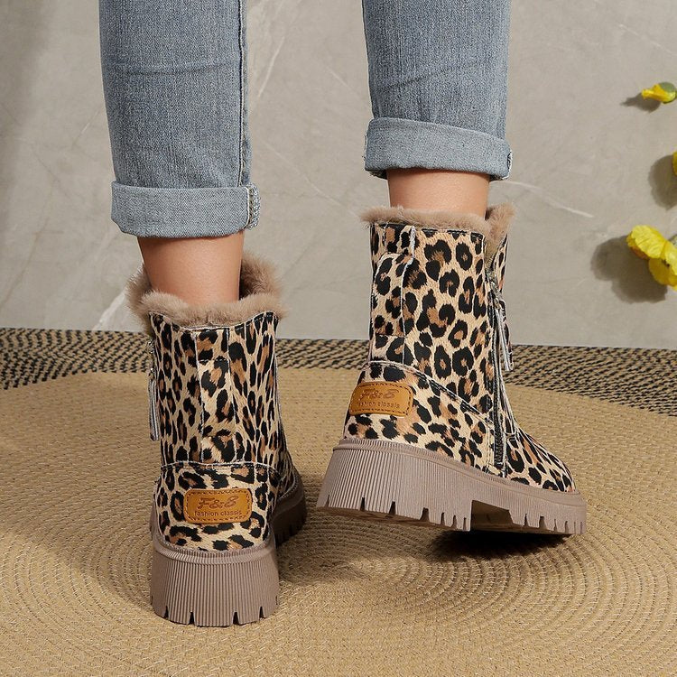 Plus Size Leopard Print Ankle Boots Women Round Toe Woolen Cotton Comfortable Flat