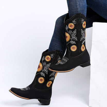 Cowboy Boots Women Sunflower Embroidery Shoes Low Heel Western Boot