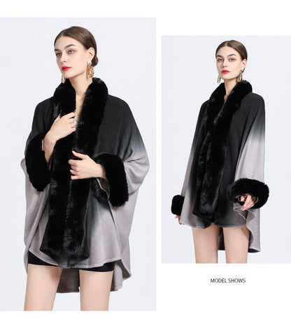 Rabbit Fur Collar Shawl Cape Knitted Cardigan Baggy Coat