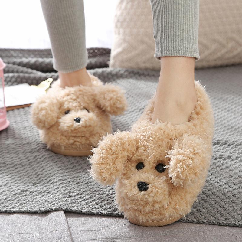 Comwarm Cute Dog Short Plush Slippers For Women Winter Warm Furry Cotton Shoes Couples Home Indoor Bedroom Cozy Slippers