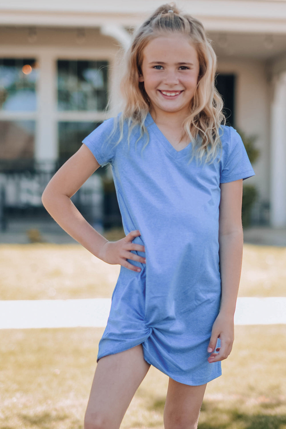 Girls Twisted V-Neck Short Sleeve Dress