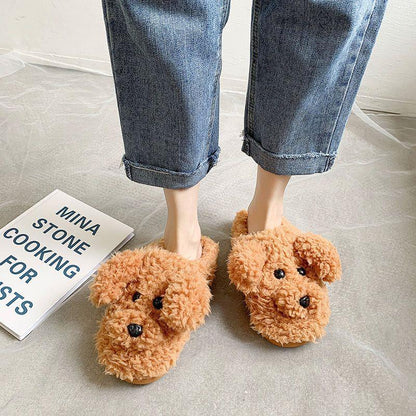 Comwarm Cute Dog Short Plush Slippers For Women Winter Warm Furry Cotton Shoes Couples Home Indoor Bedroom Cozy Slippers