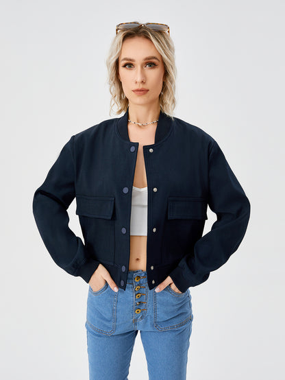 Women's Lightweight Cropped Bomber Jacket Casual Long Sleeve Varsity Jacket With Pocket Fashion Y2k Jacket Streetwear