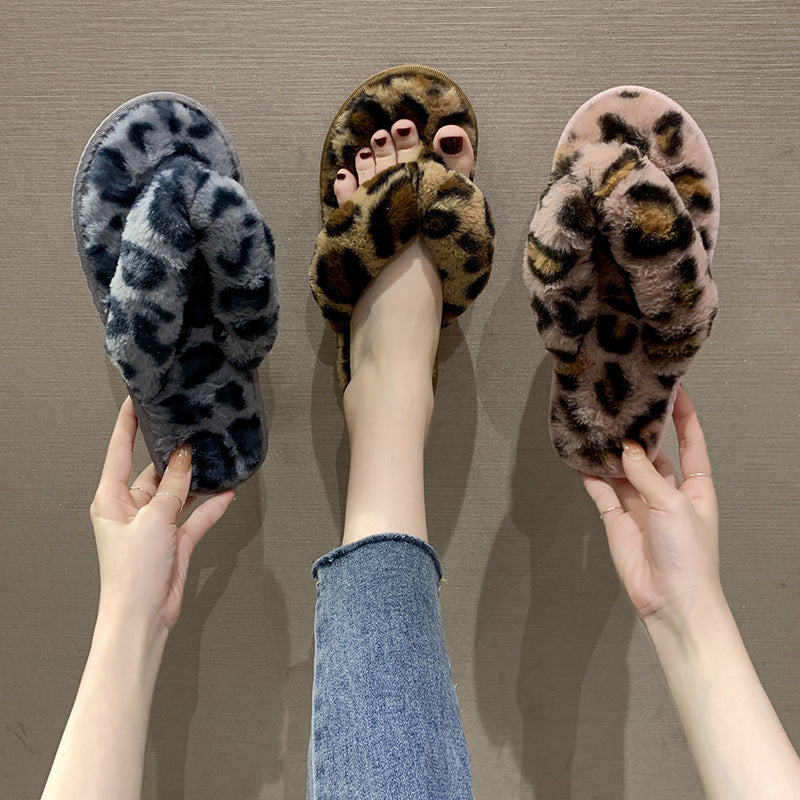New Leopard Cross Fluffy Slippers Women's Home Indoor Fashion Plush Cotton Slippers Flip-flops Women