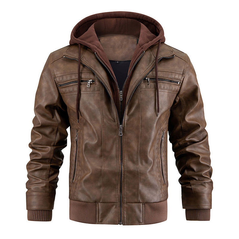 Hooded Jacket With Zipper Pockets Fashion Warm Pu Leather Coat Mens Clothing