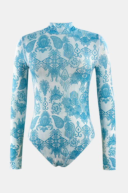 Printed Mock Neck Long Sleeve One-Piece Swimwear