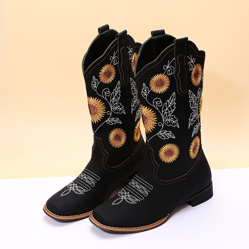 Cowboy Boots Women Sunflower Embroidery Shoes Low Heel Western Boot