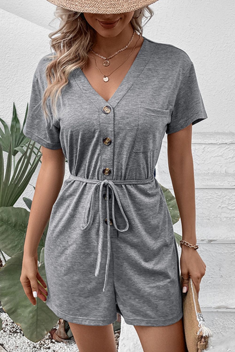 V-Neck Short Sleeve Tied Romper