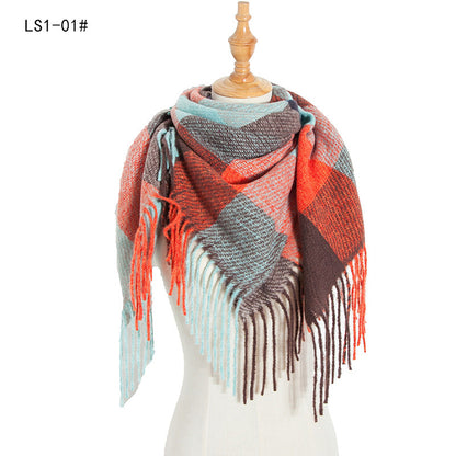 Yarn Stripe Grid Polyester Long Fringed Bristles Square Scarf Women Men's Bib Shawl