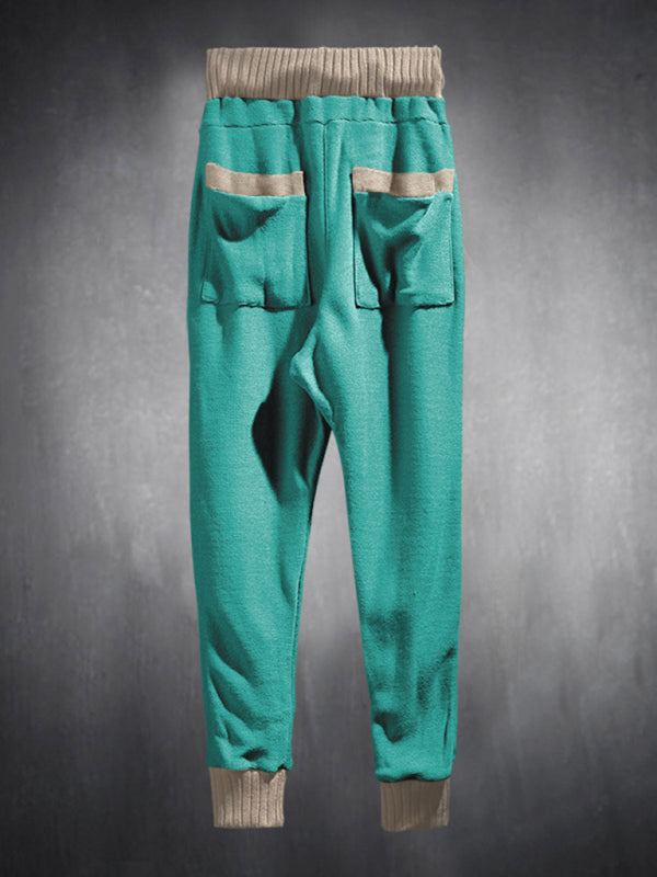 Men's casual loose leg drawstring personalized color block knitted trousers