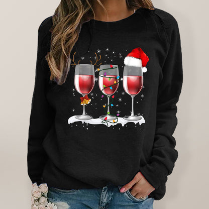 Christmas red wine cup printed long sleeved round neck hoodless sweater women